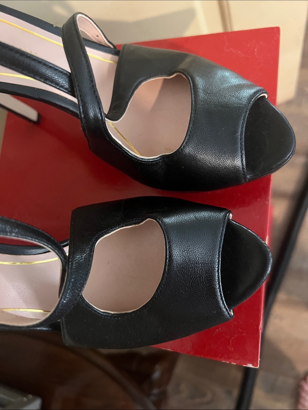 Black Strappy Peep-Toe Leather Platform Heels - Picture 3 of 6